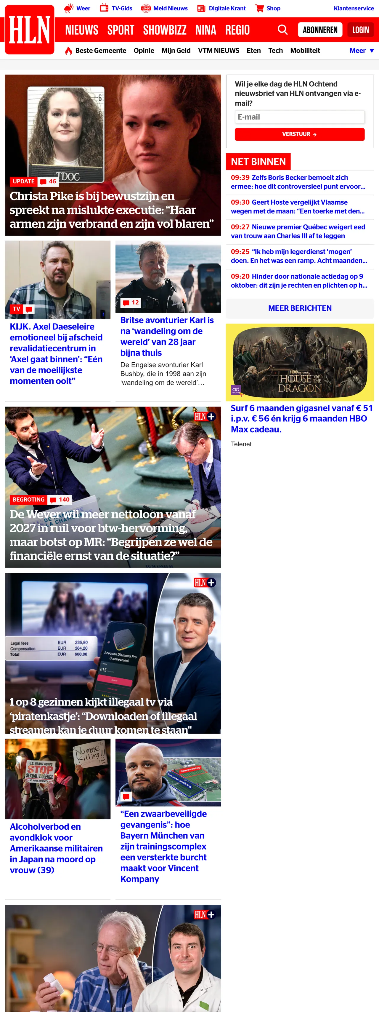 Screenshot of the HLN front page