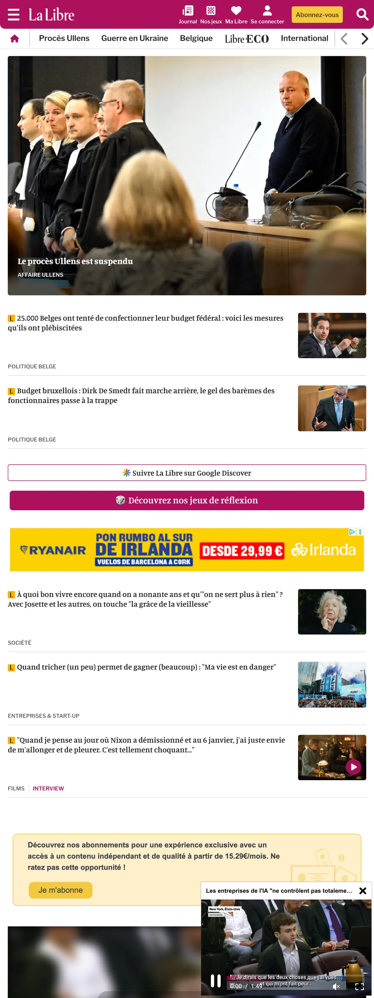 Screenshot of the La Libre front page