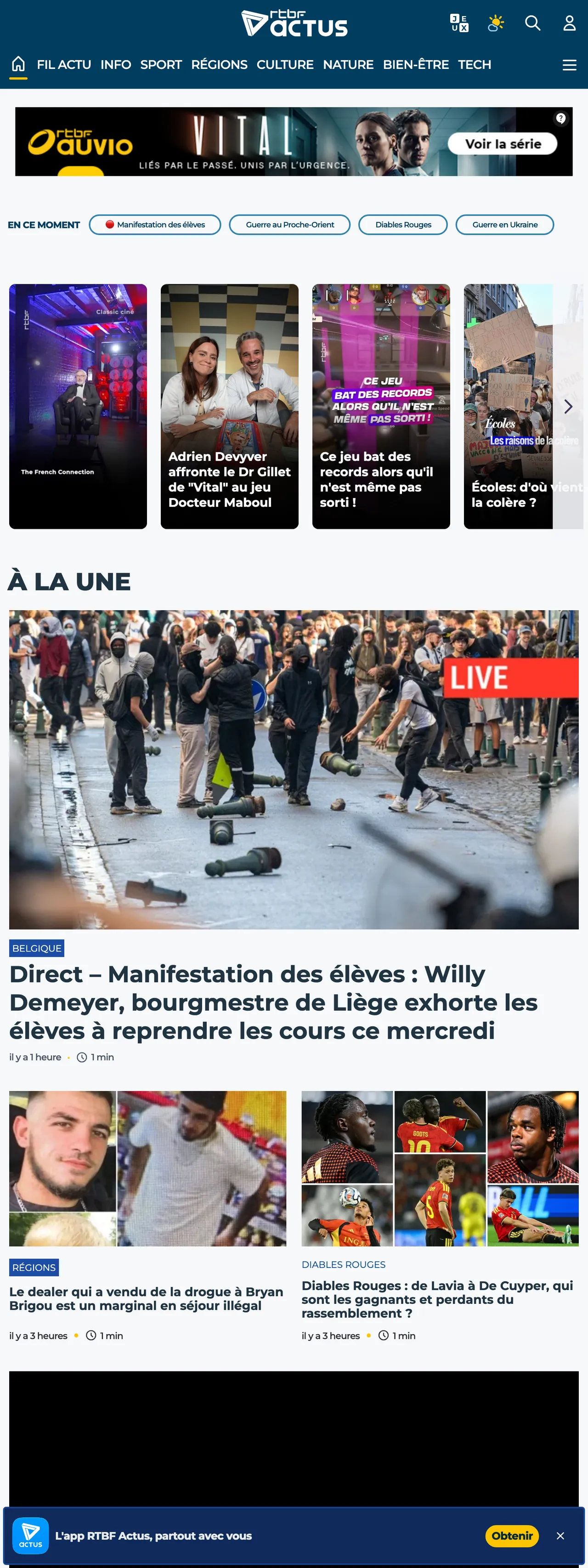 Screenshot of the RTBF front page