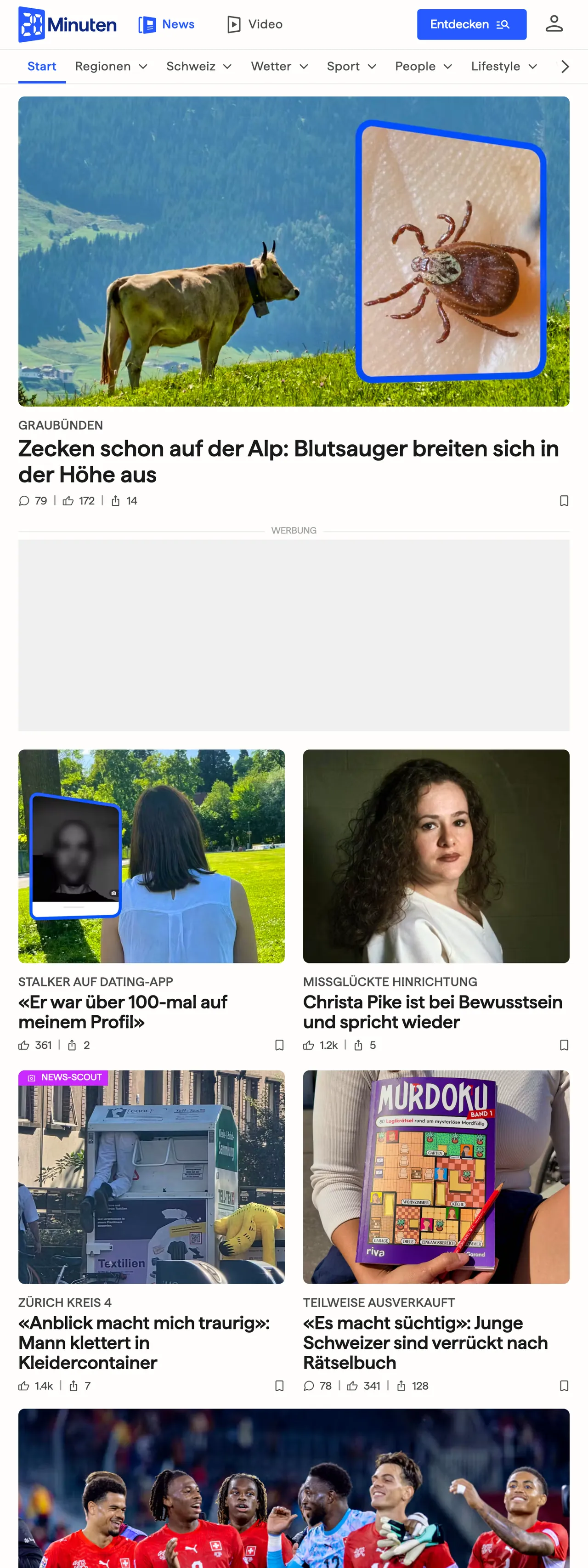 Screenshot of the 20 Minuten front page