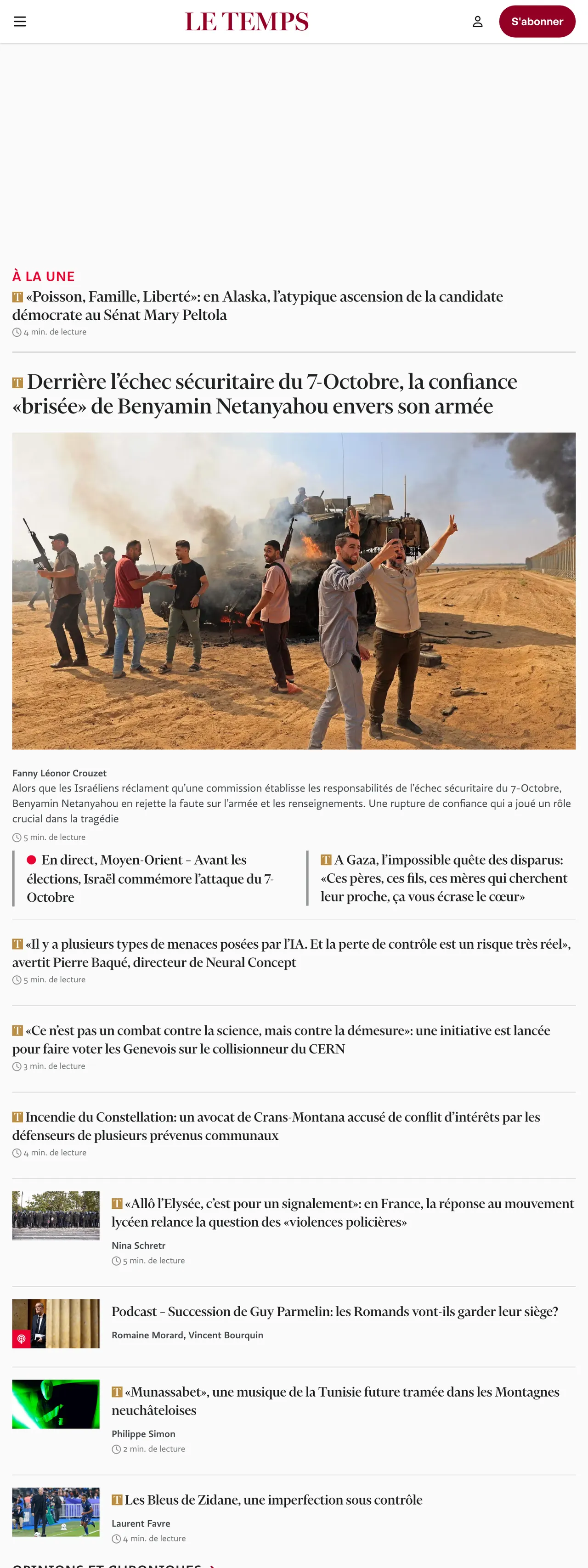 Screenshot of the Le Temps front page