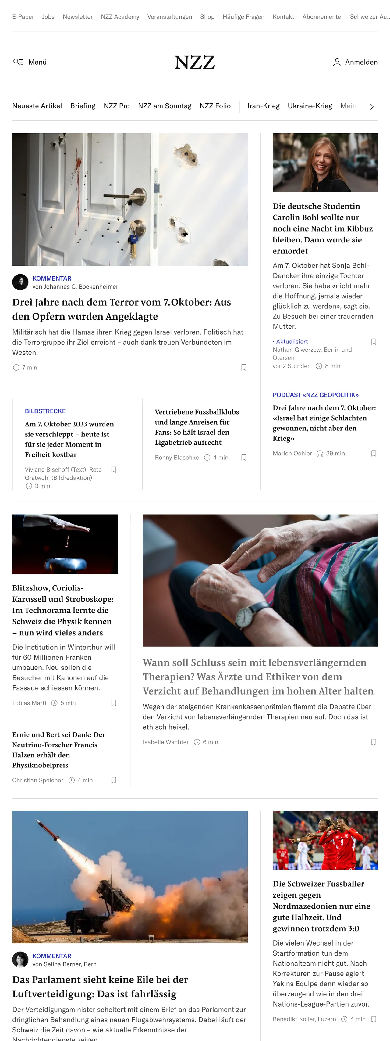 Screenshot of the Neue Zürcher Zeitung front page