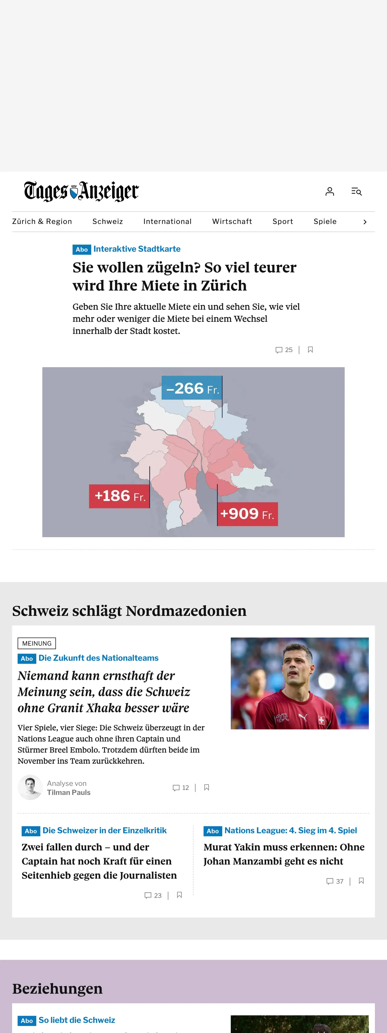 Screenshot of the Tages-Anzeiger front page
