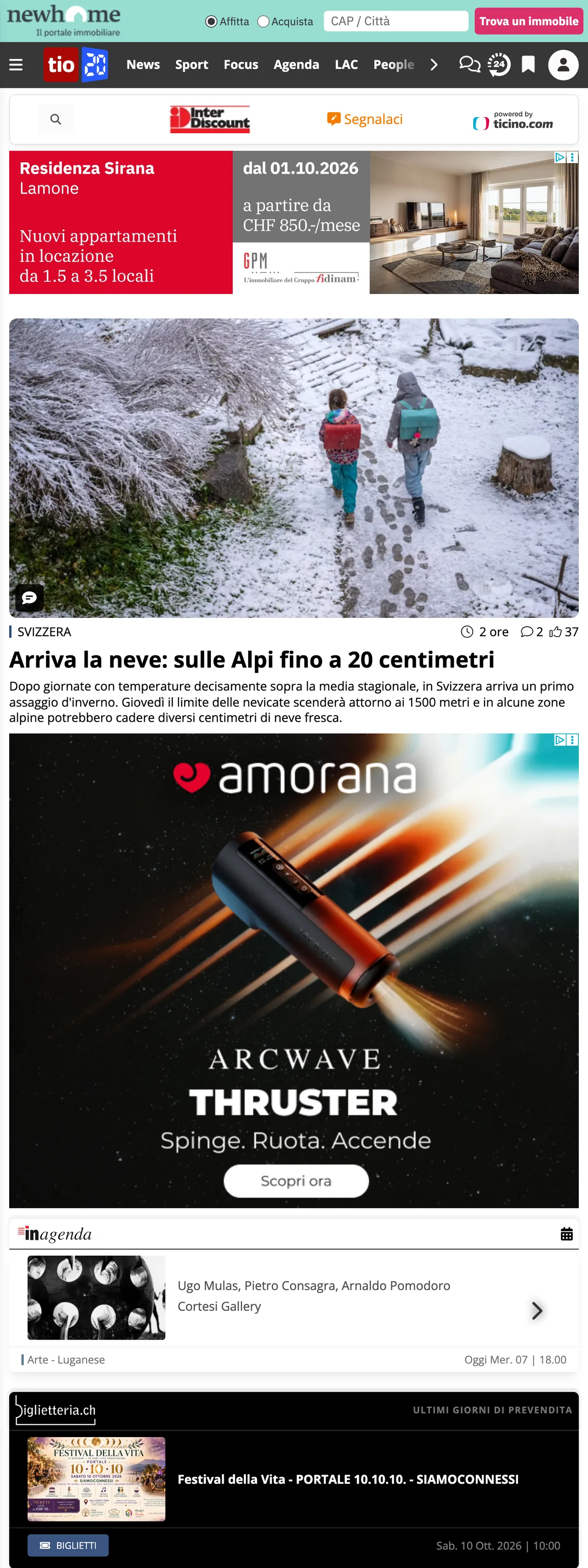 Screenshot of the Ticinonline front page