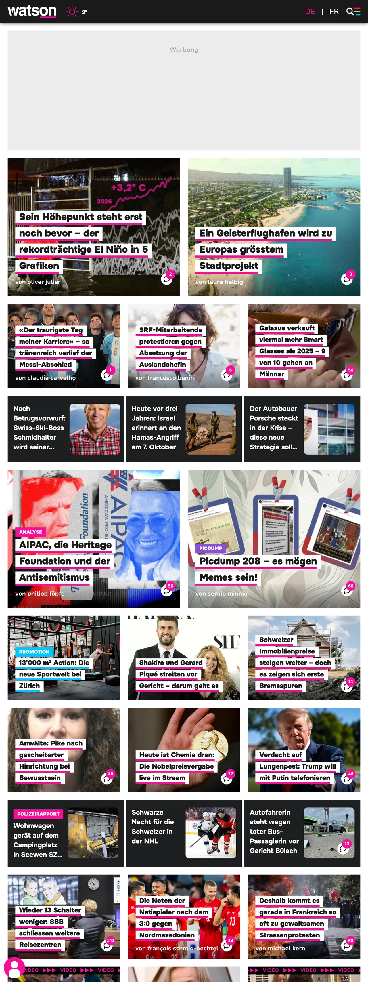 Screenshot of the watson front page
