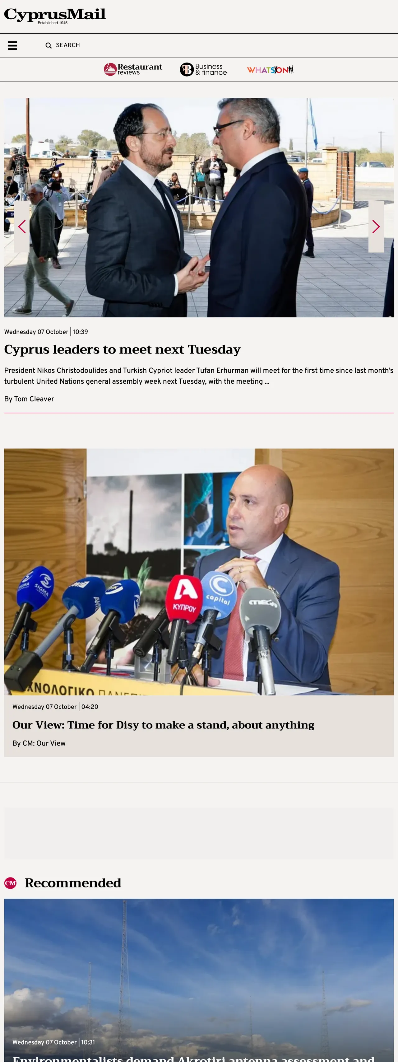 Screenshot of the Cyprus Mail front page