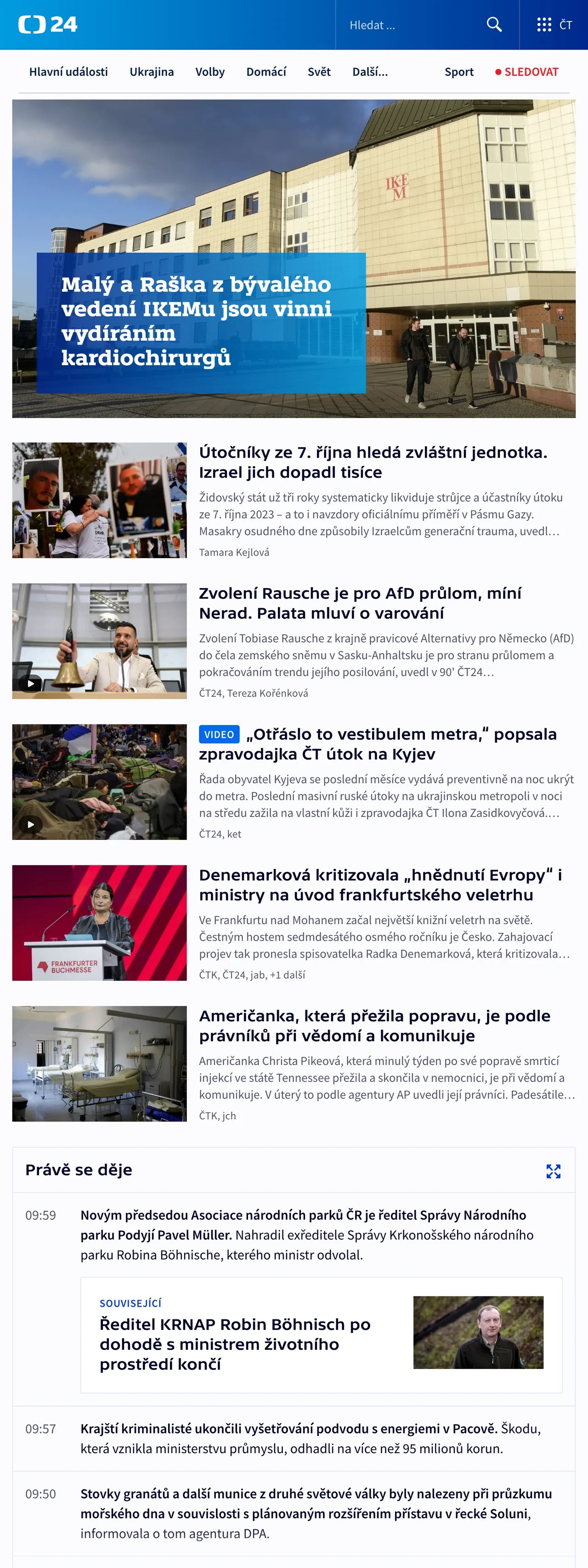 Screenshot of the ČT24 front page