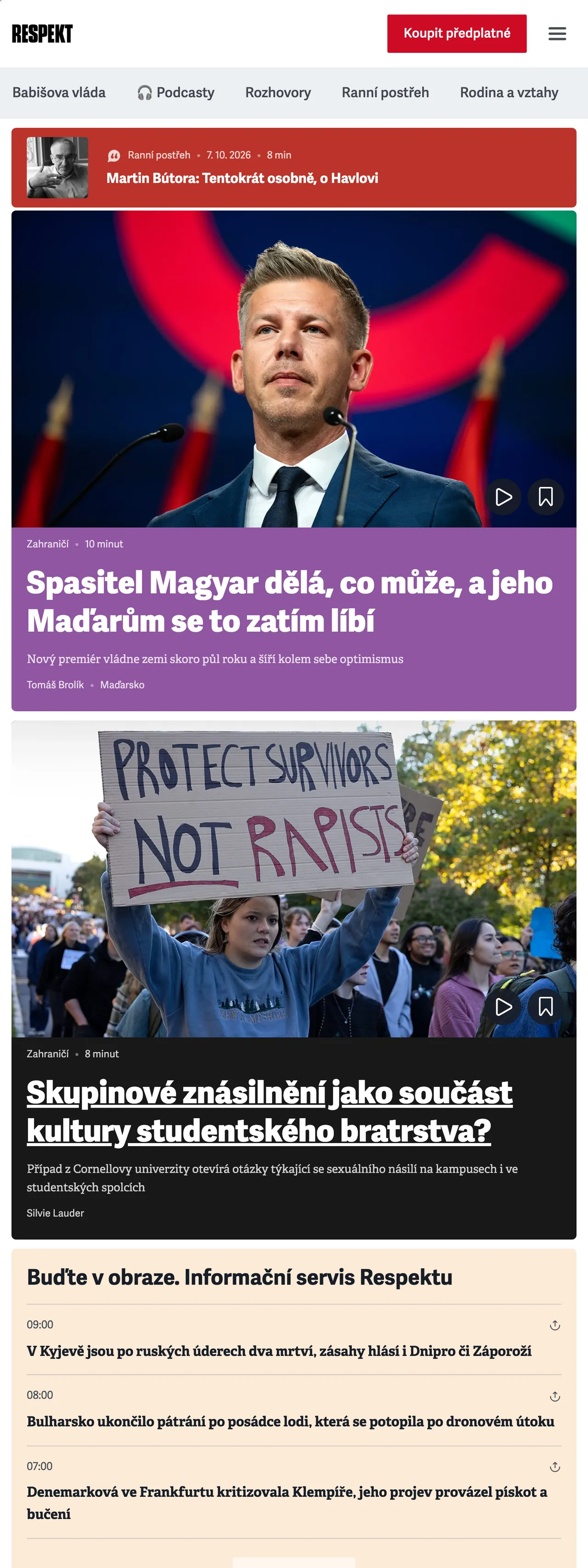 Screenshot of the Respekt front page