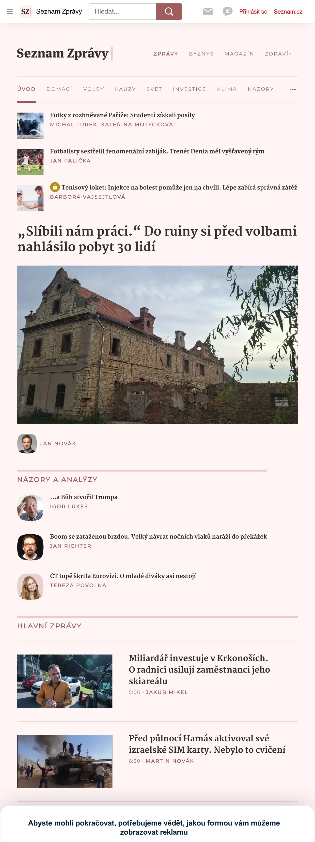 Screenshot of the Seznam Zprávy front page