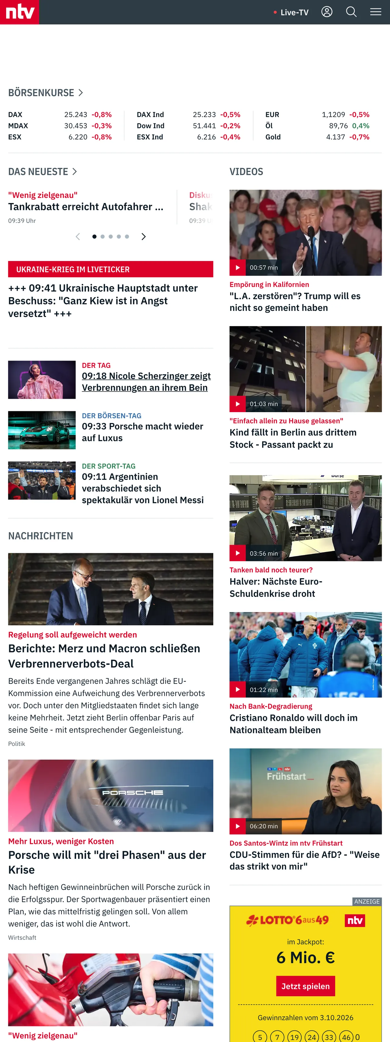 Screenshot of the n-tv front page