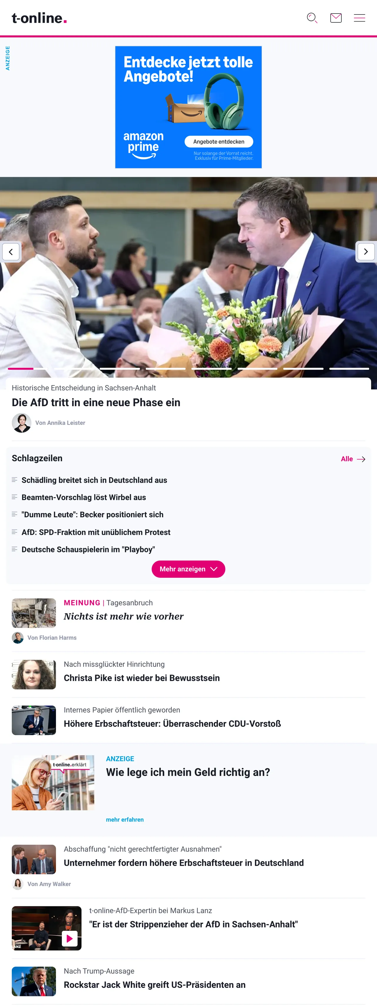 Screenshot of the t-online front page
