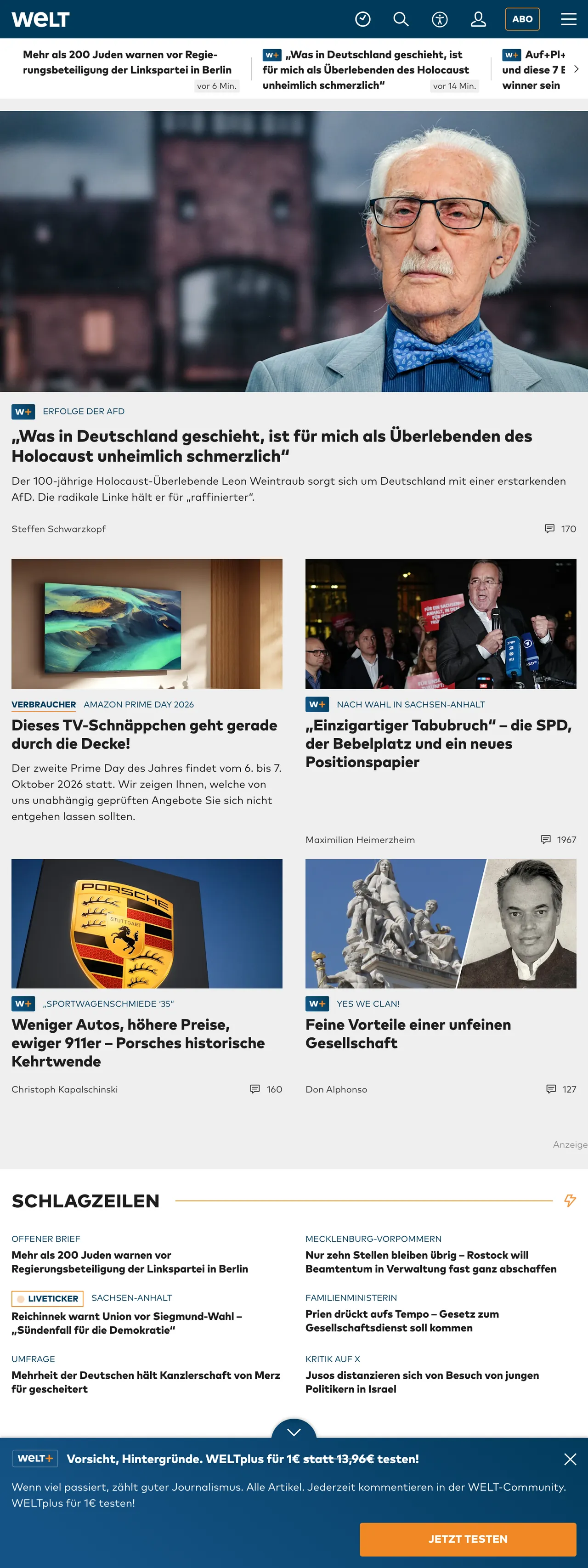 Screenshot of the WELT front page