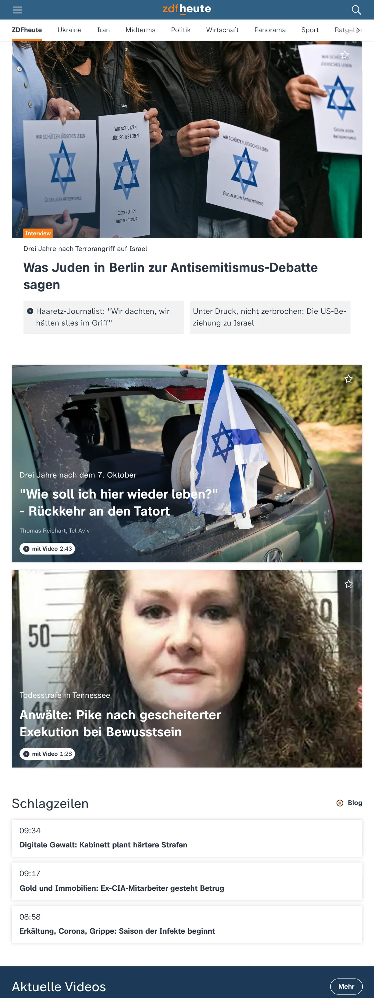 Screenshot of the ZDFheute front page