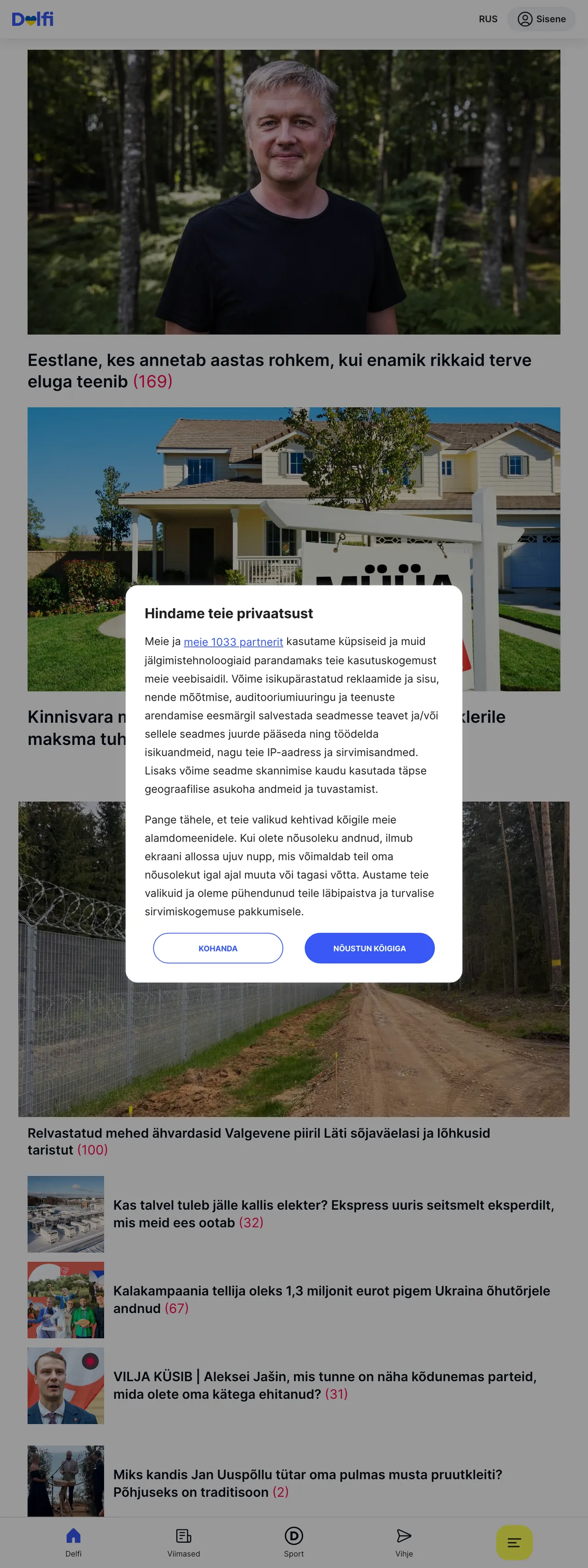 Screenshot of the Delfi front page