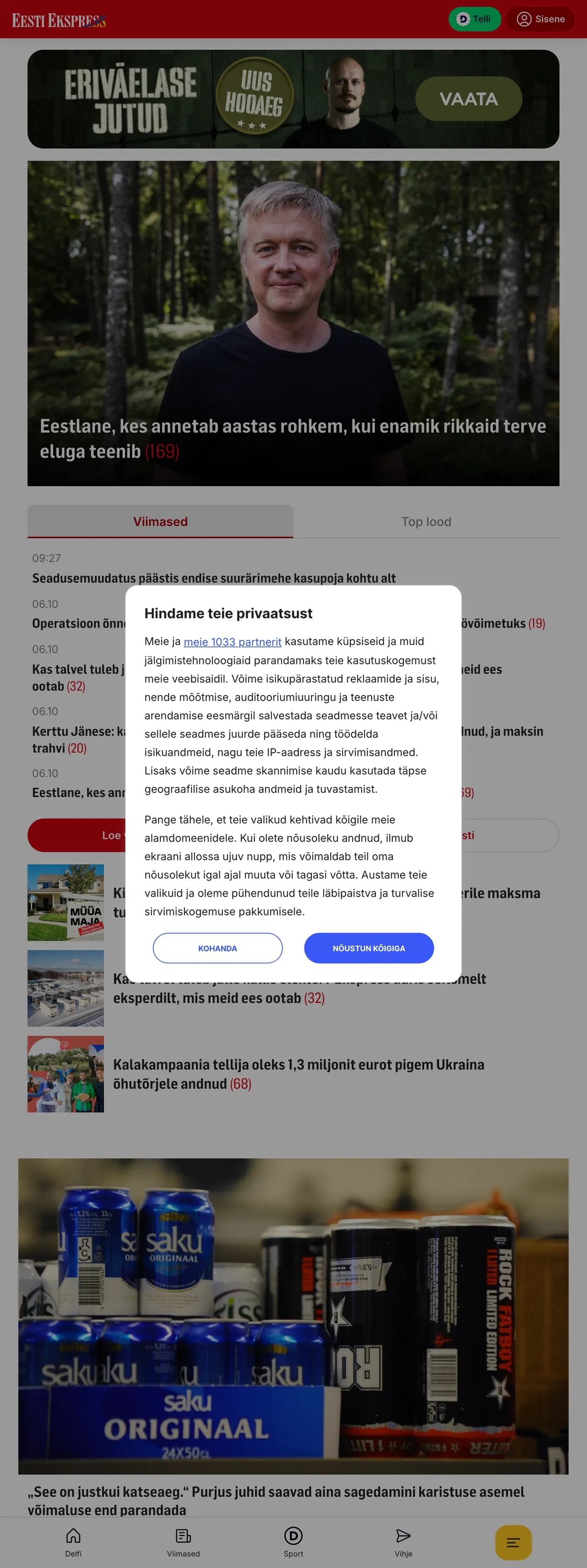 Screenshot of the Eesti Ekspress front page