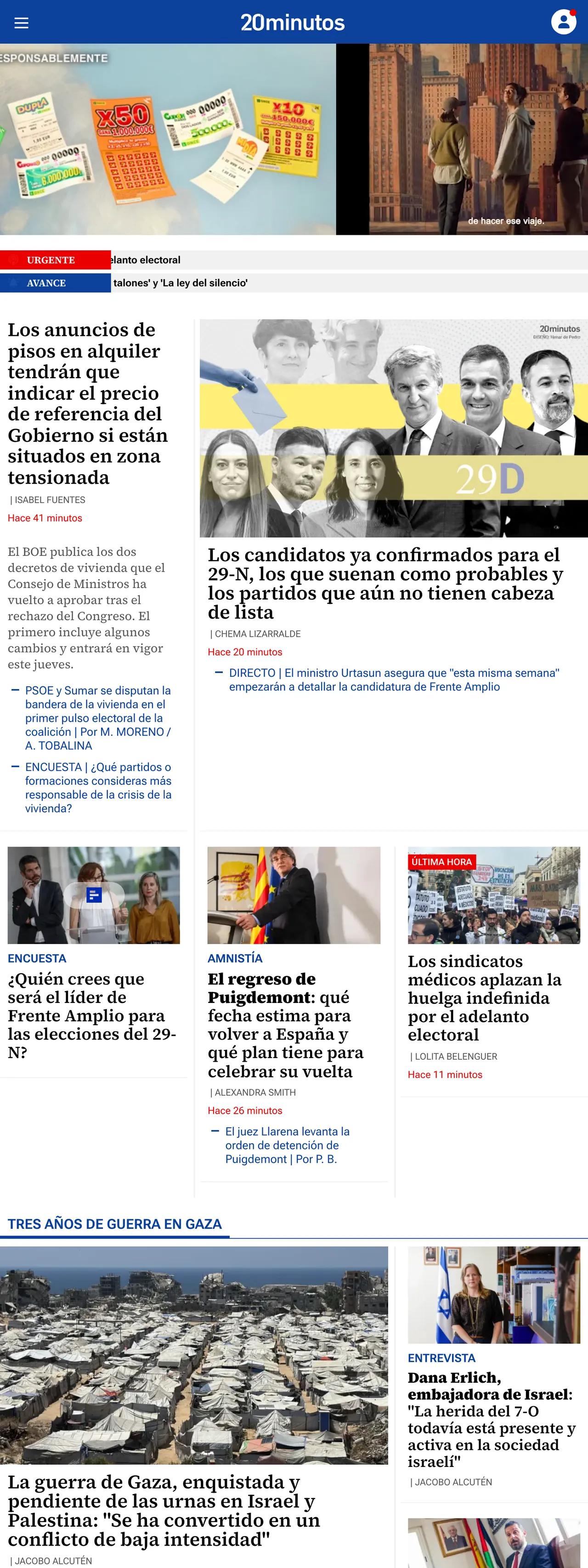 Screenshot of the 20minutos front page