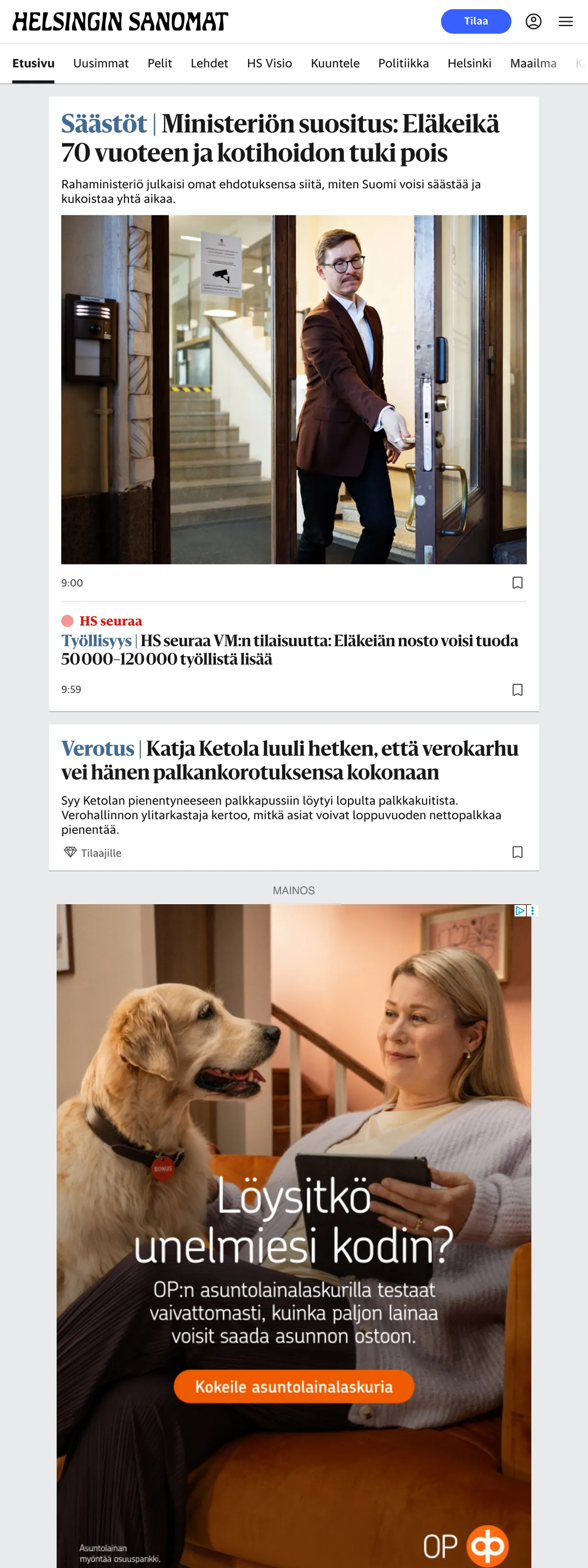 Screenshot of the Helsingin Sanomat front page