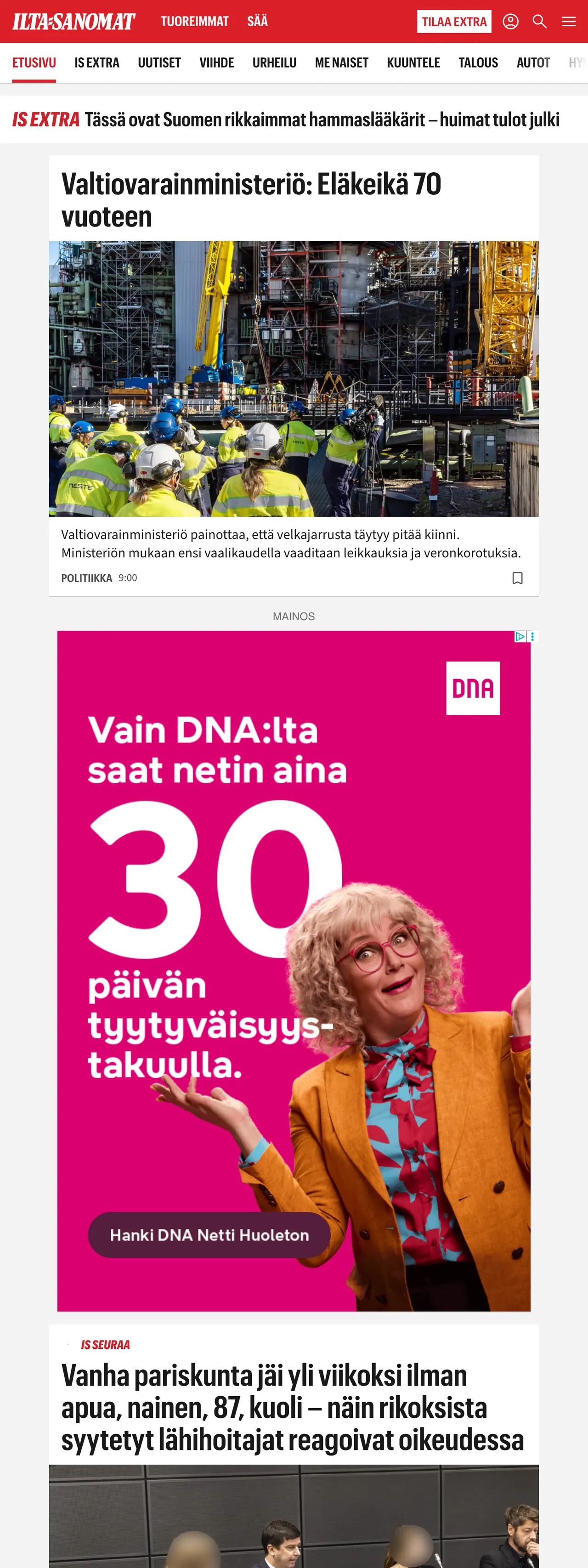 Screenshot of the Ilta-Sanomat front page