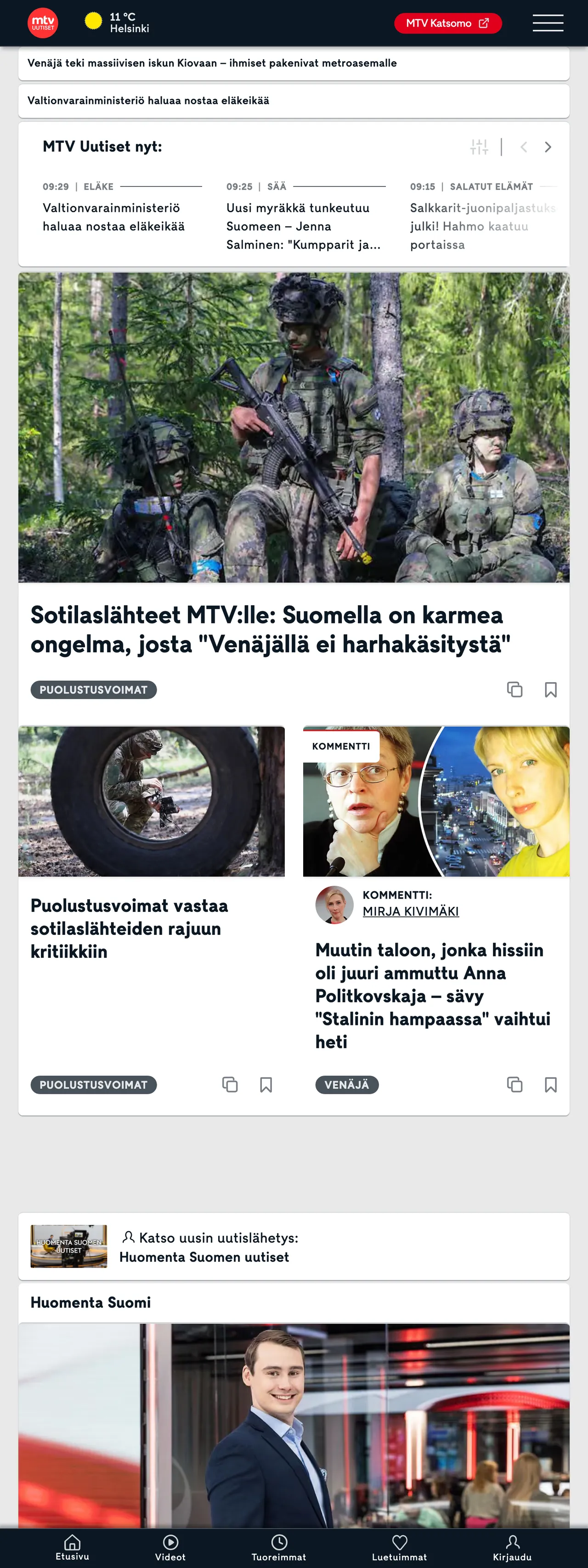 Screenshot of the MTV Uutiset front page