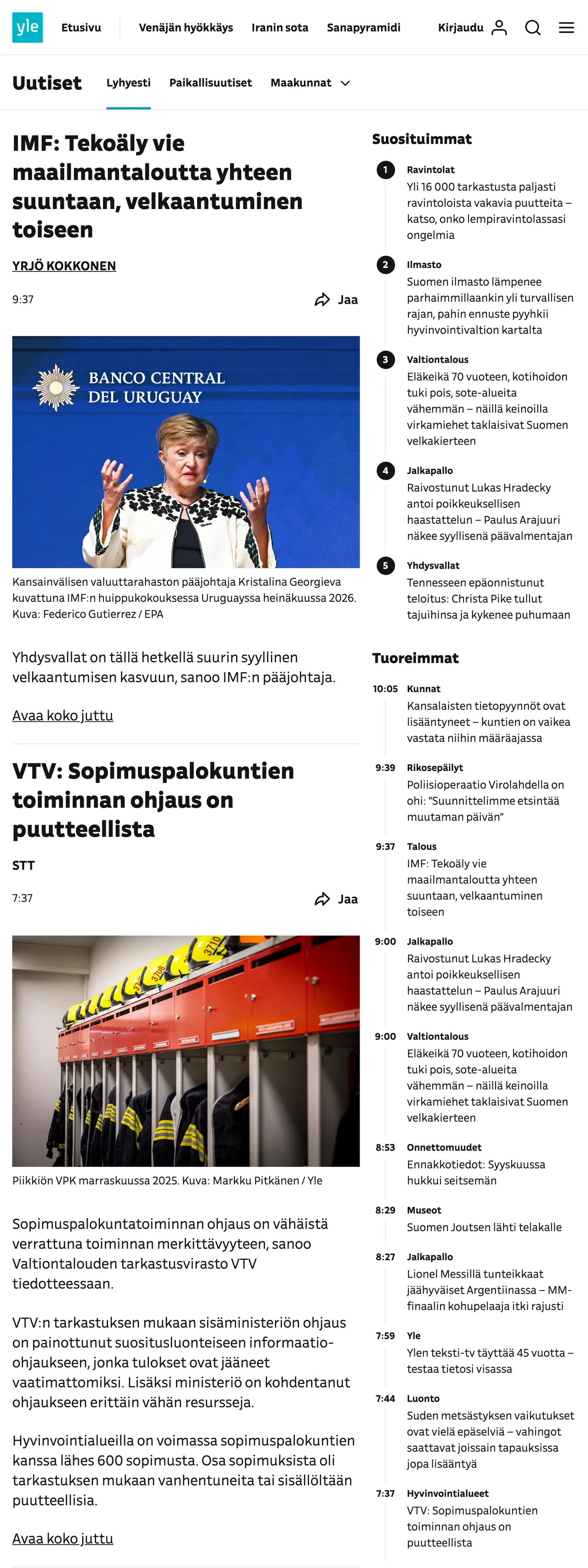 Screenshot of the Yle front page