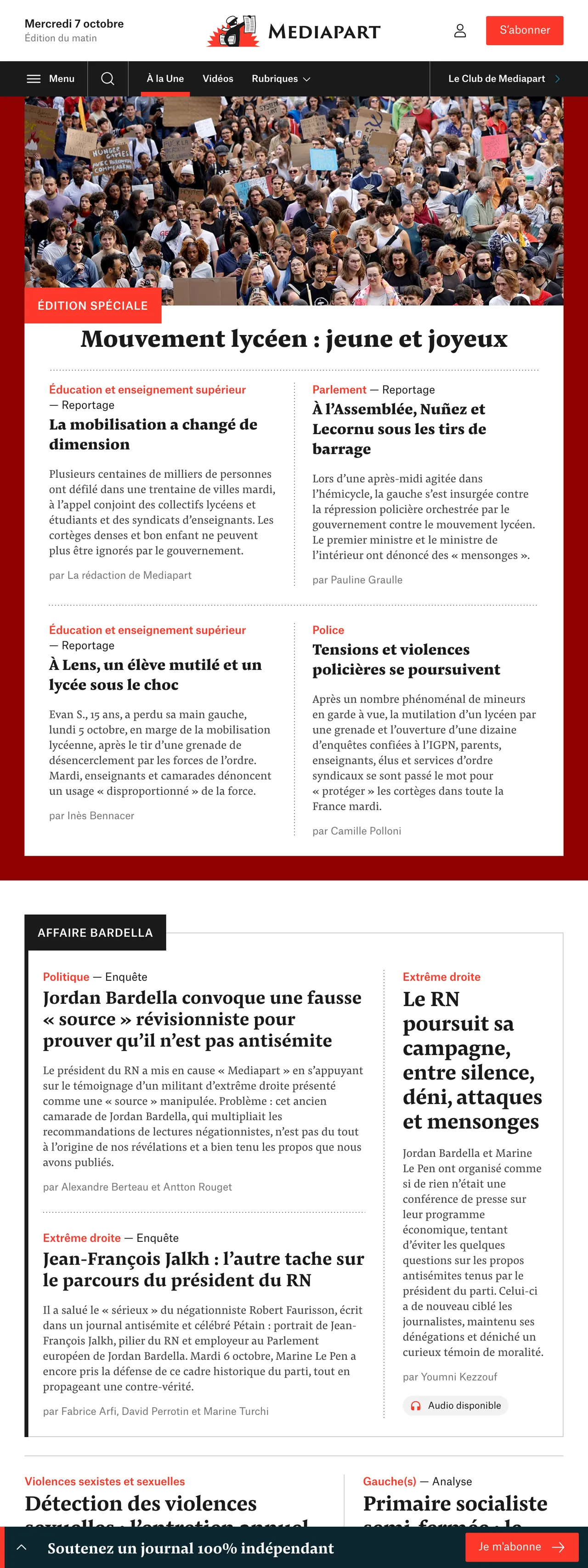 Screenshot of the Mediapart front page