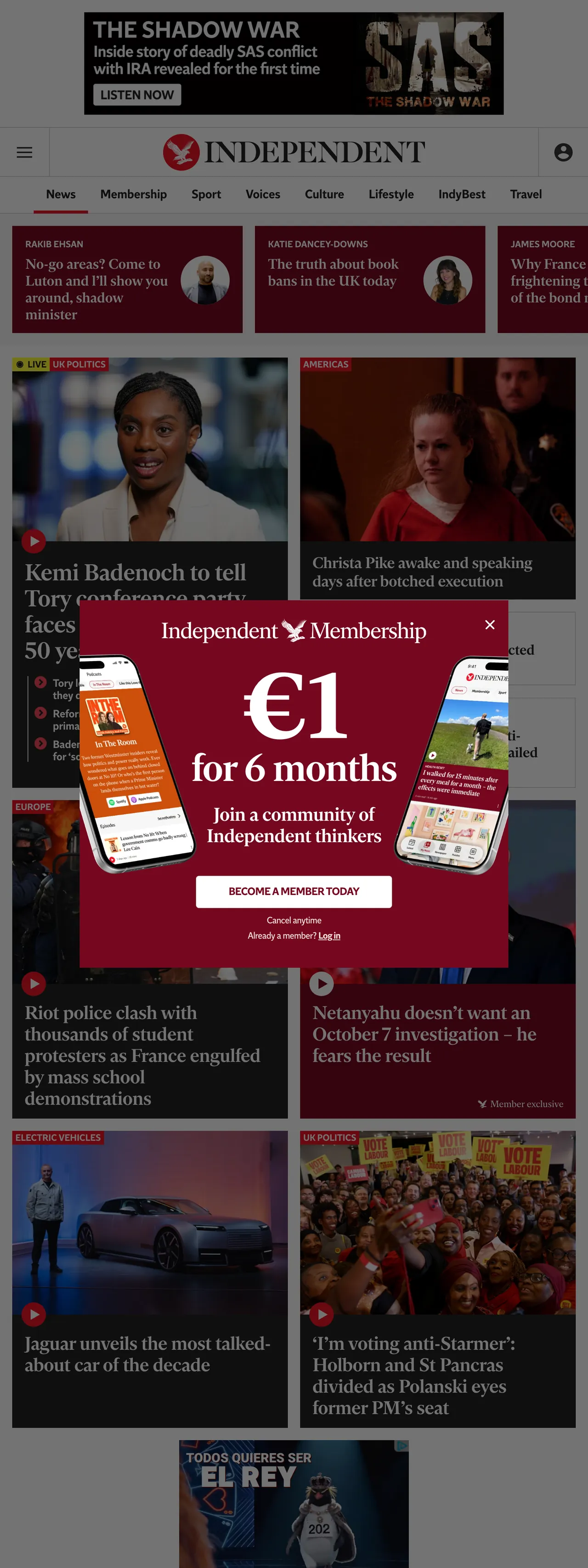 Screenshot of the The Independent front page