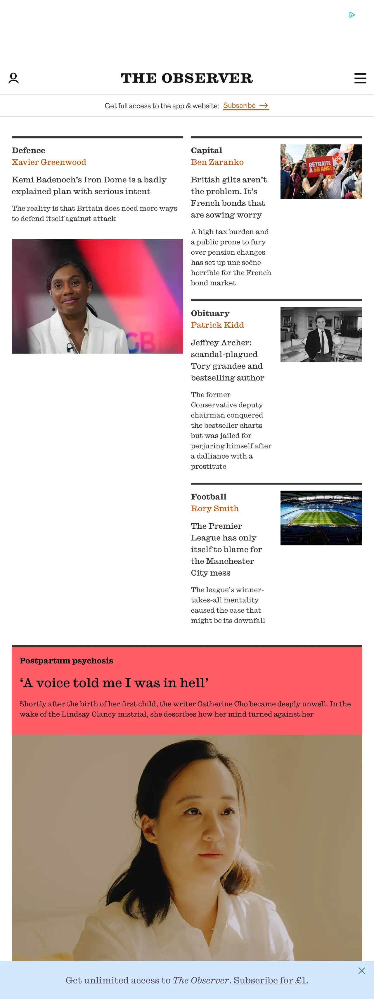 Screenshot of the The Observer front page