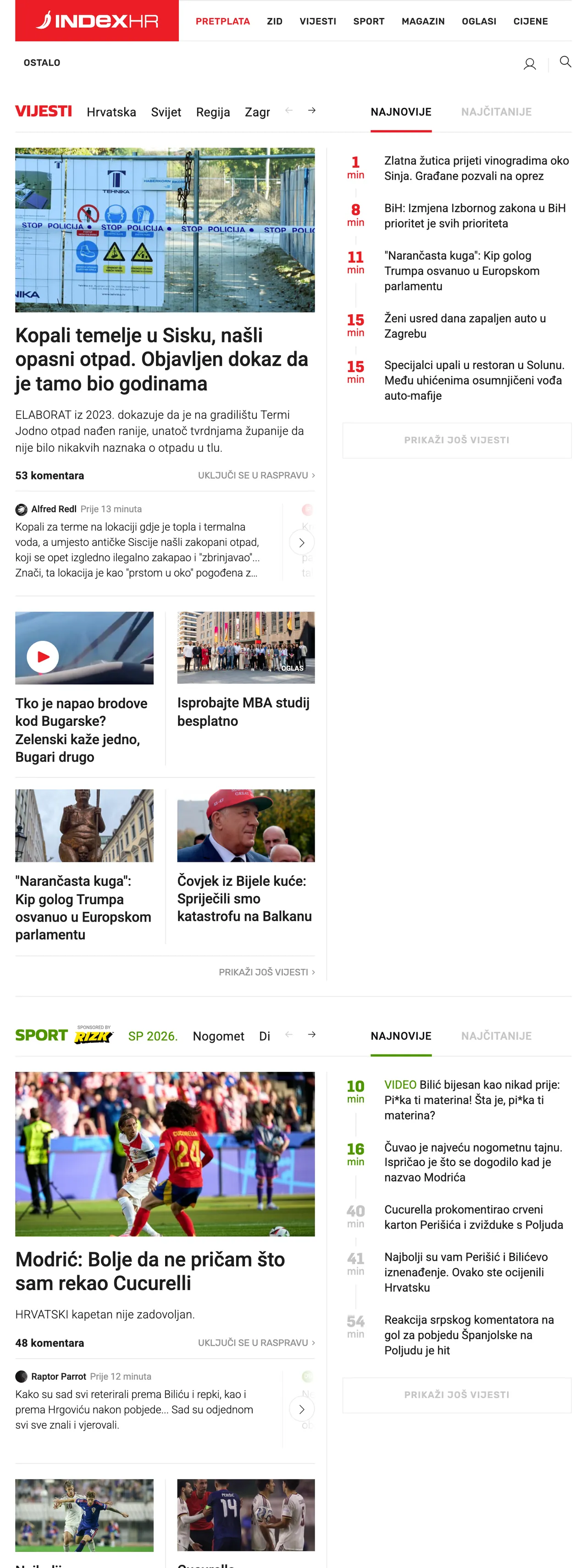 Screenshot of the Index.hr front page