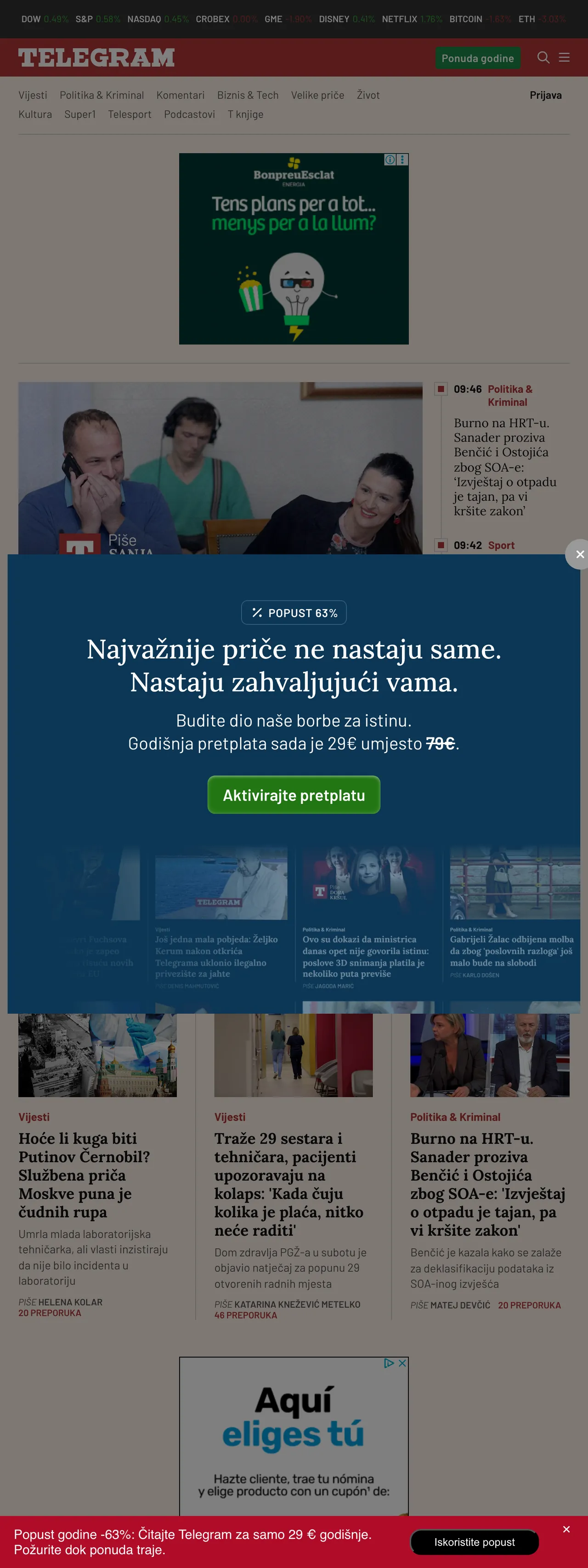 Screenshot of the Telegram.hr front page