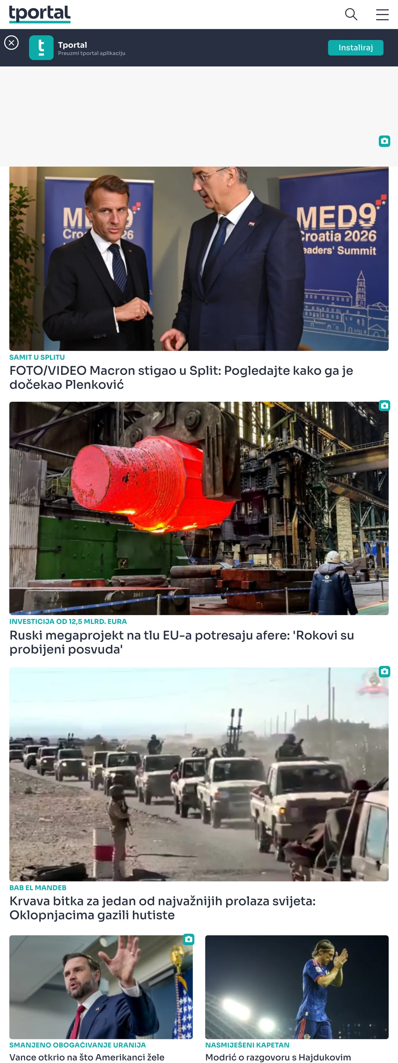 Screenshot of the tportal front page