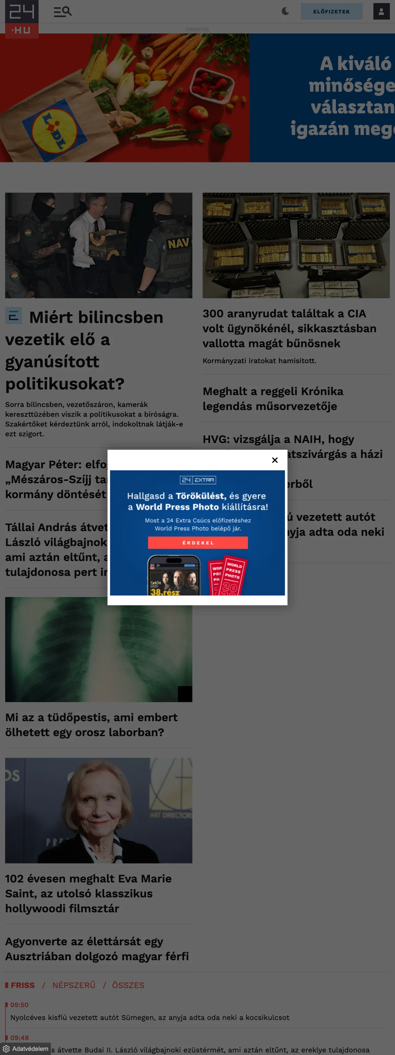 Screenshot of the 24.hu front page