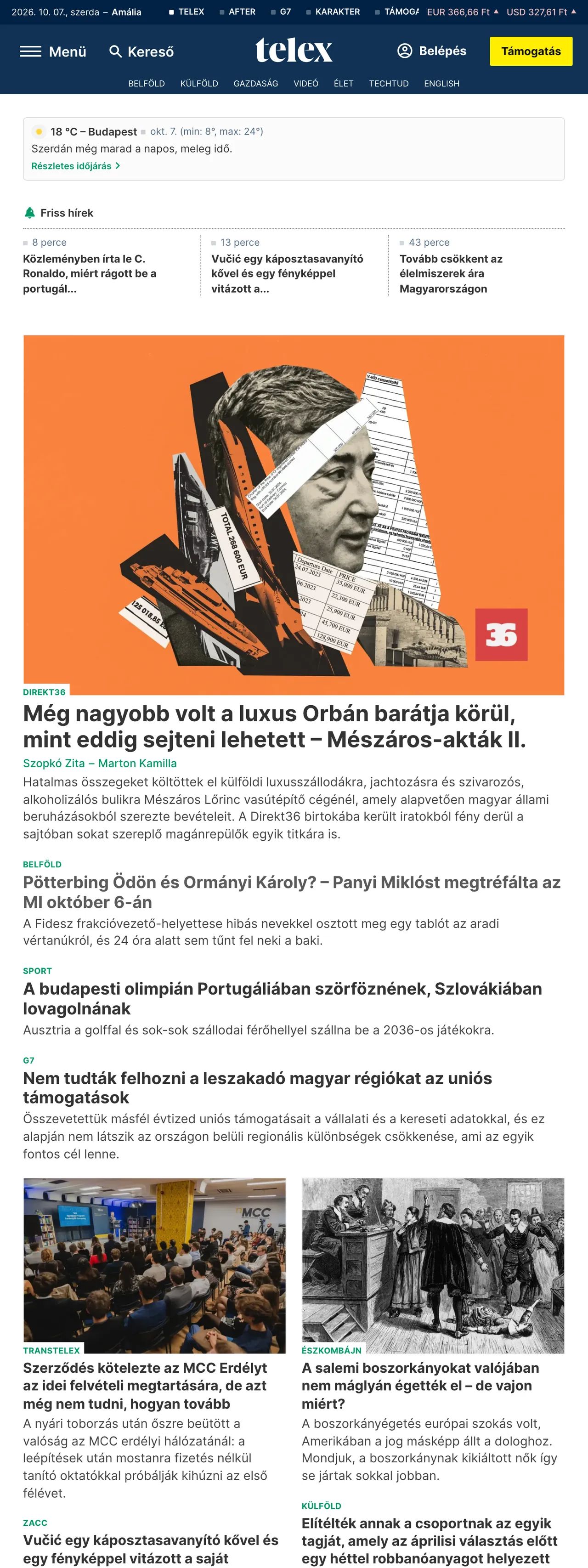 Screenshot of the Telex front page