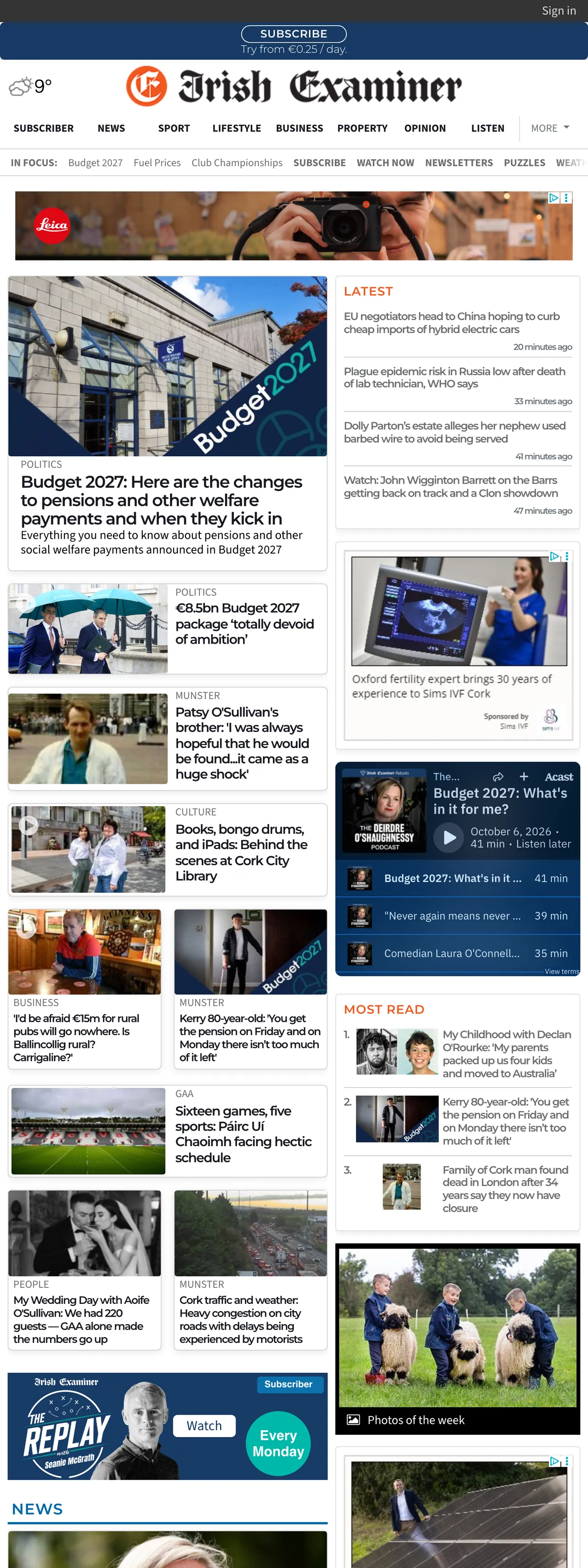 Screenshot of the Irish Examiner front page