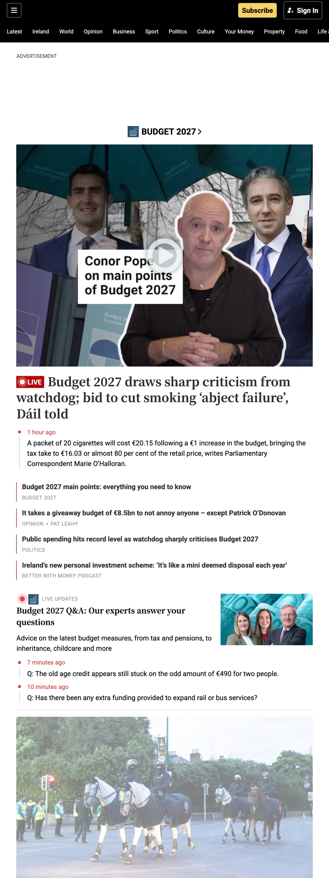 Screenshot of the The Irish Times front page