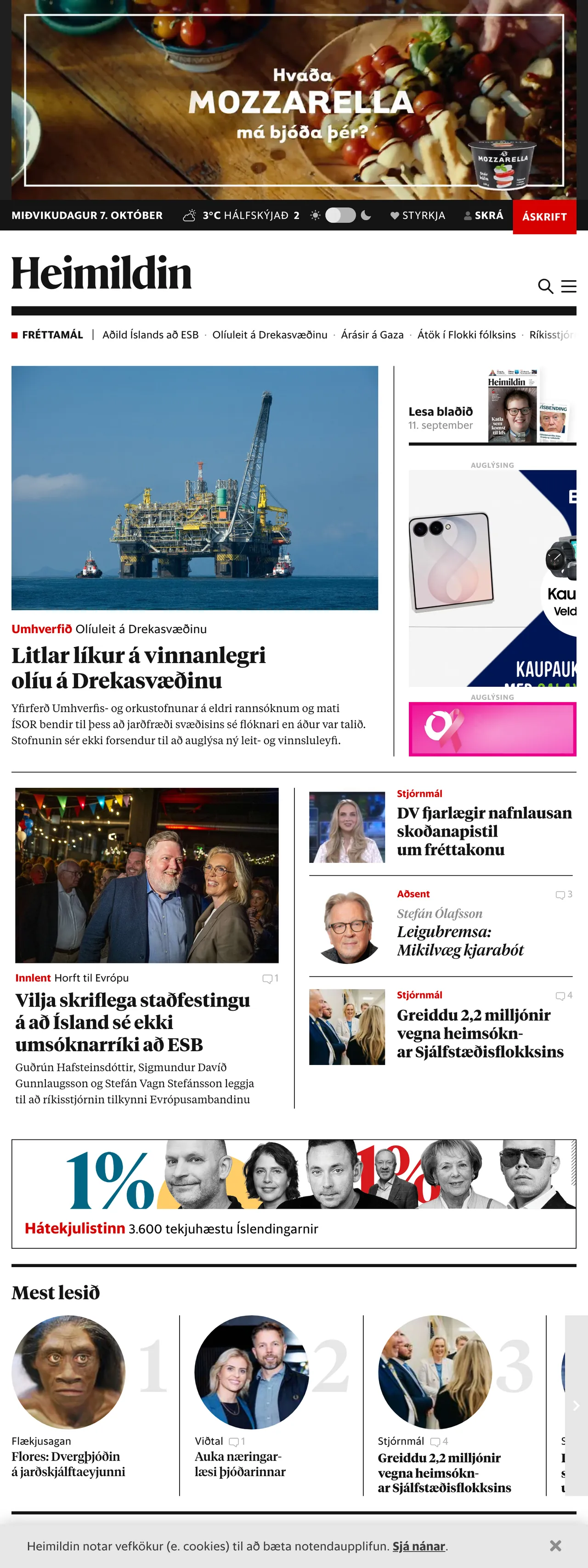 Screenshot of the Heimildin front page