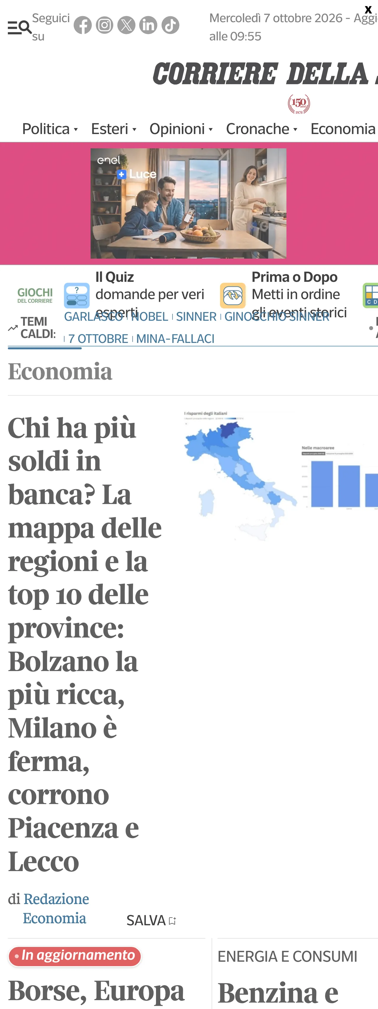 Screenshot of the Corriere della Sera front page