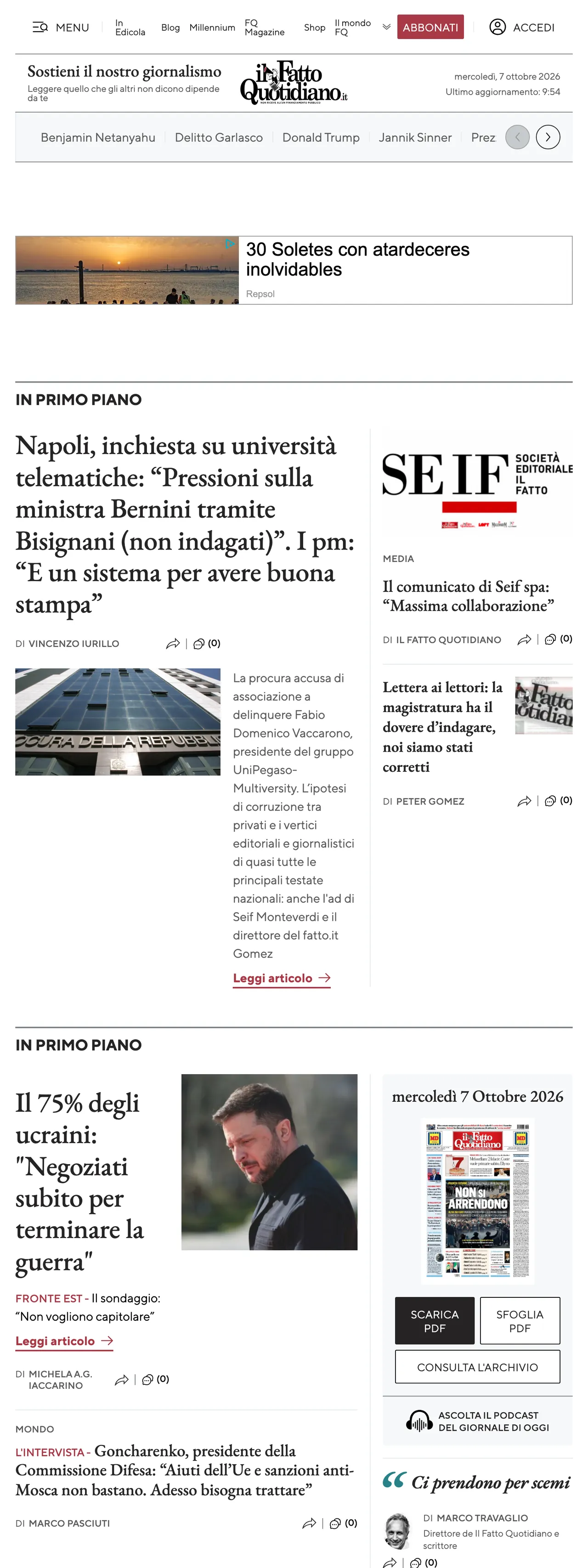 Screenshot of the Il Fatto Quotidiano front page