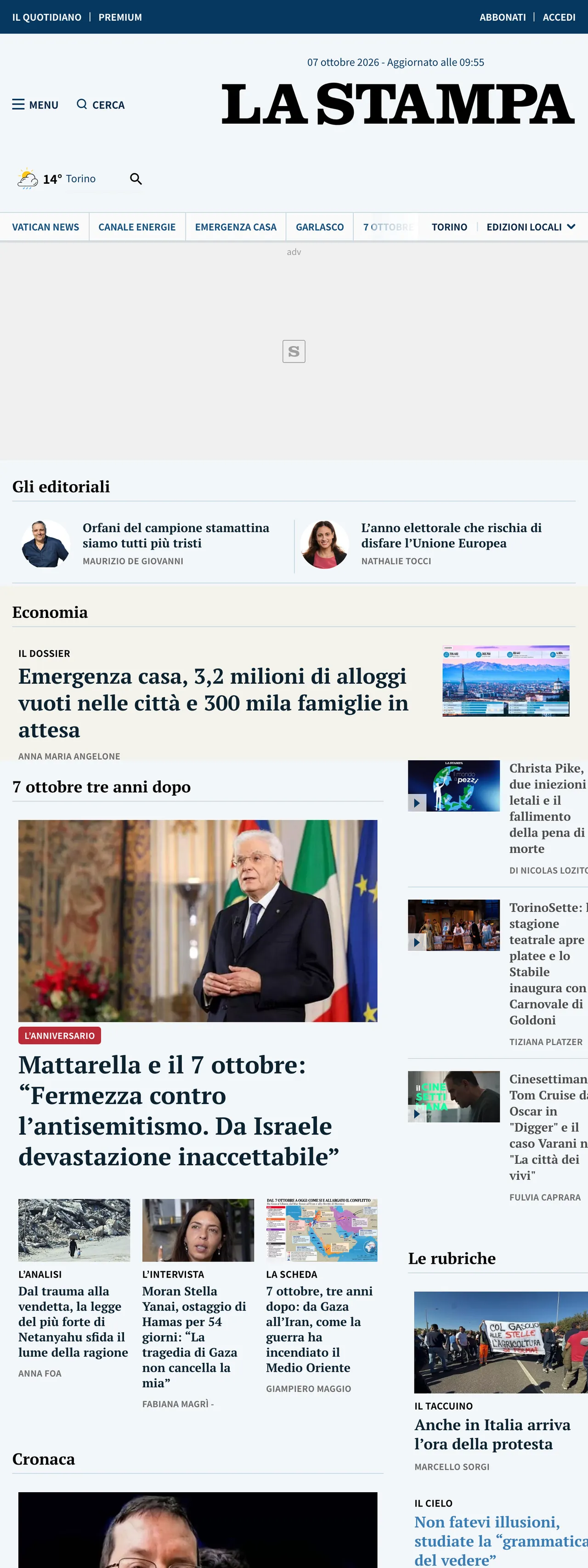 Screenshot of the La Stampa front page