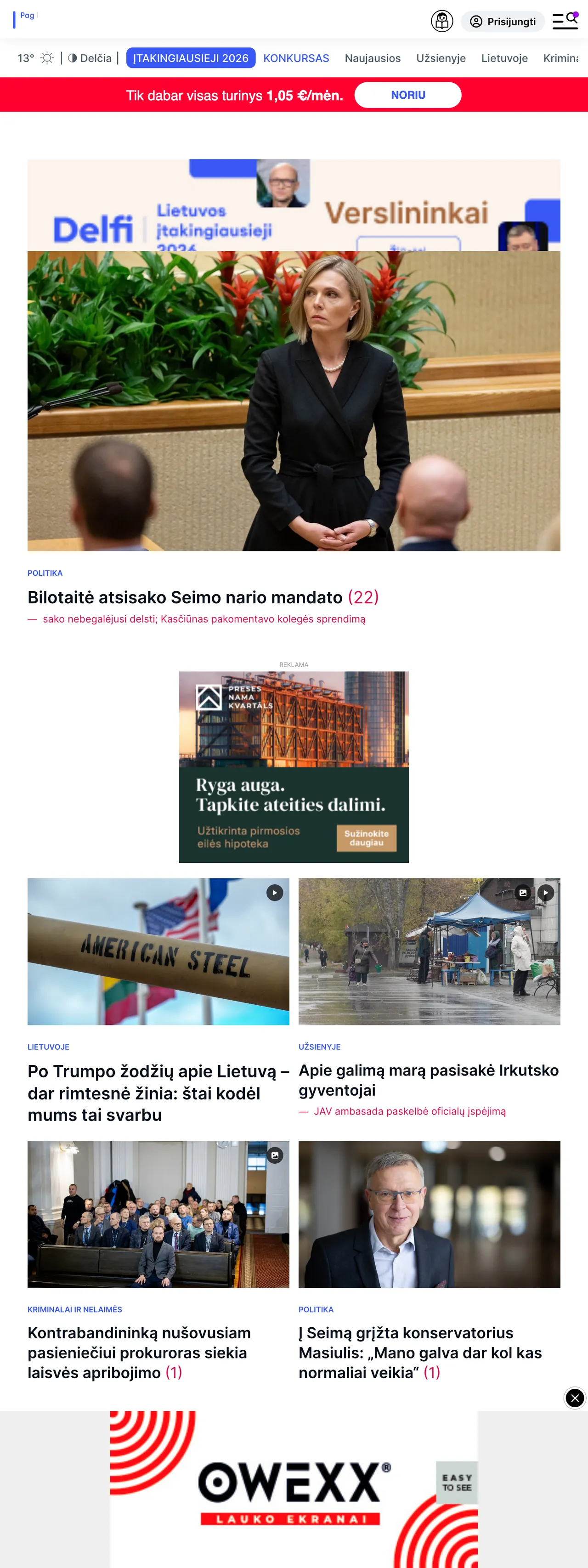 Screenshot of the Delfi front page