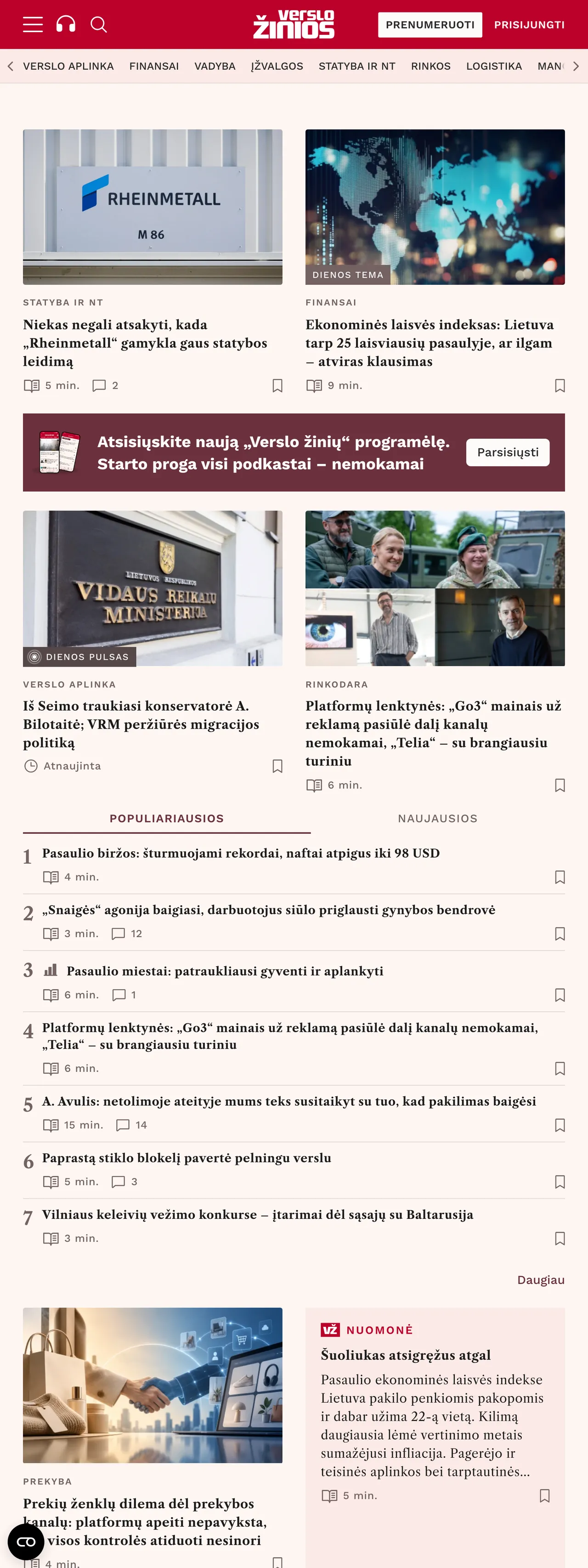 Screenshot of the Verslo žinios front page