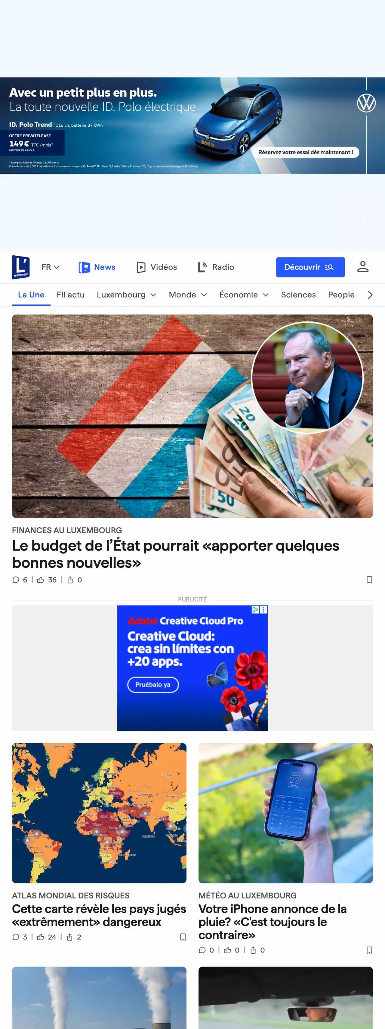 Screenshot of the L'essentiel front page