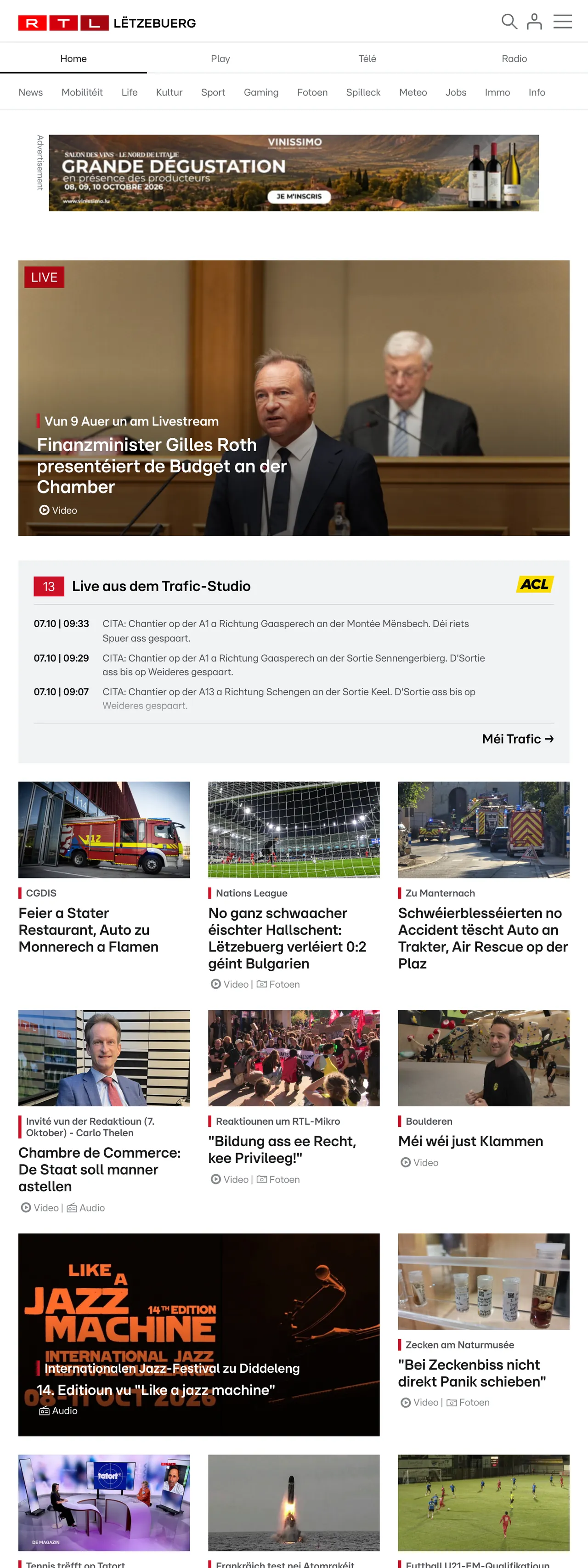 Screenshot of the RTL Lëtzebuerg front page