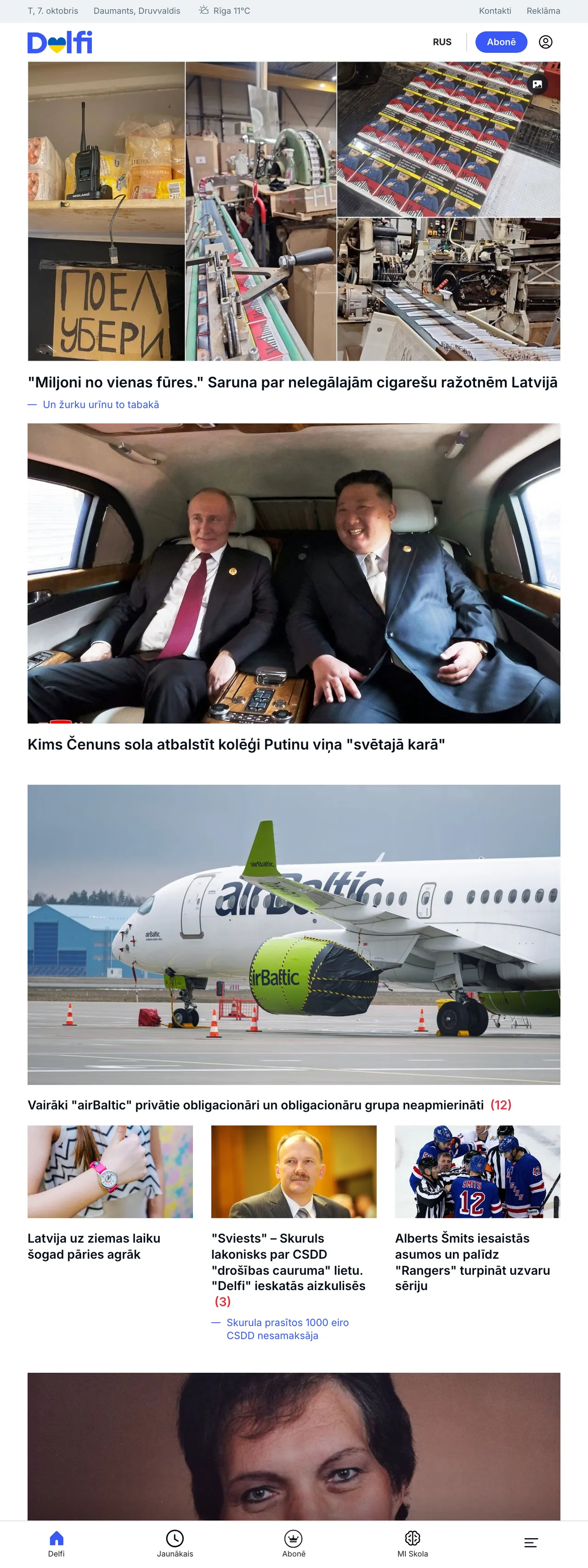 Screenshot of the Delfi front page