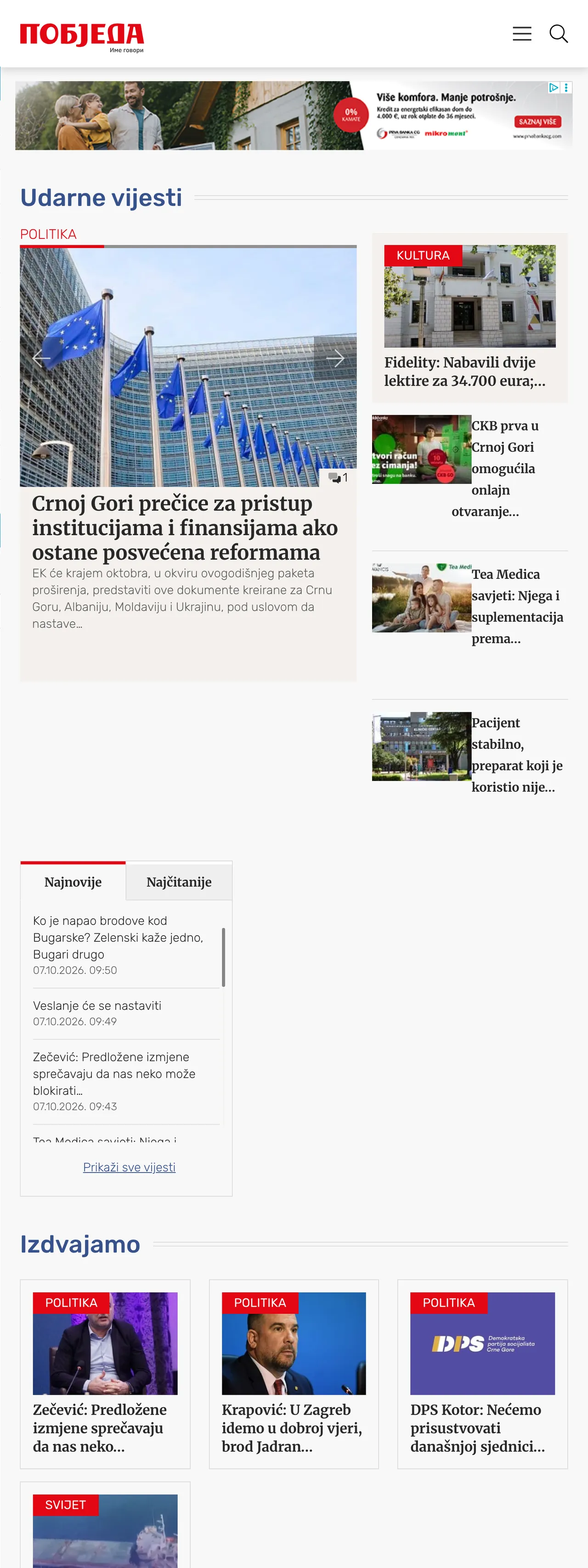 Screenshot of the Pobjeda front page