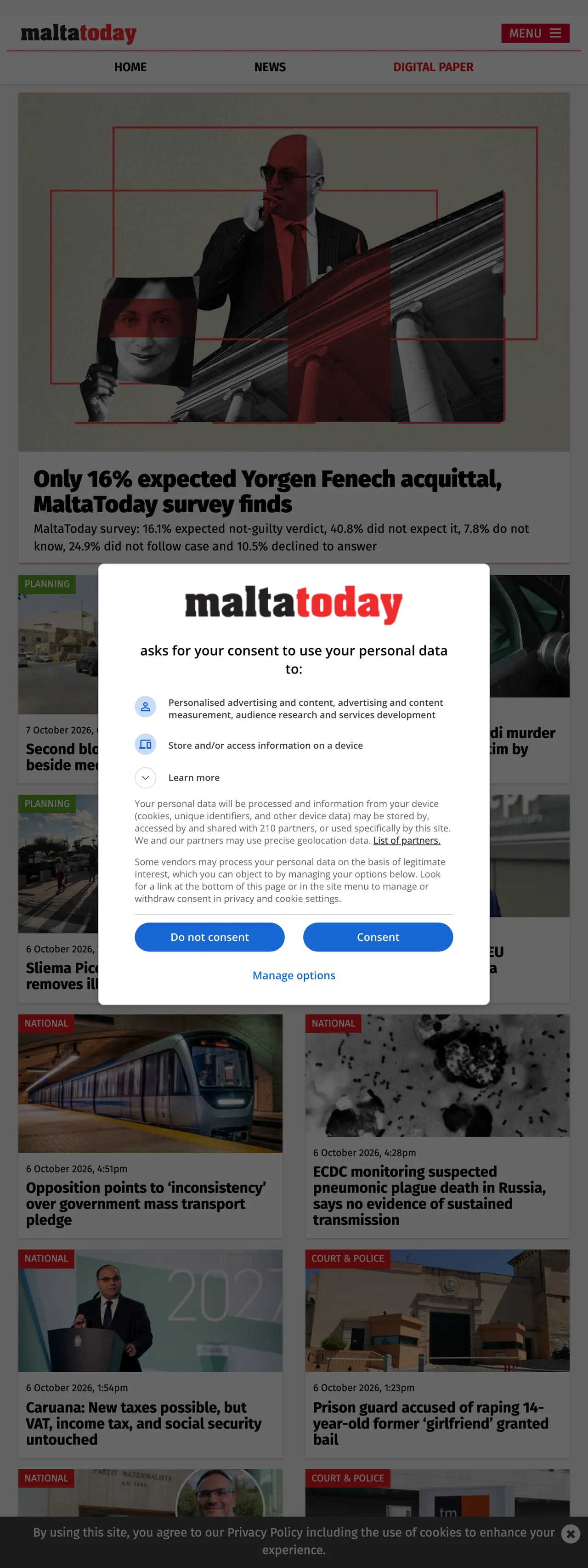 Screenshot of the Malta Today front page