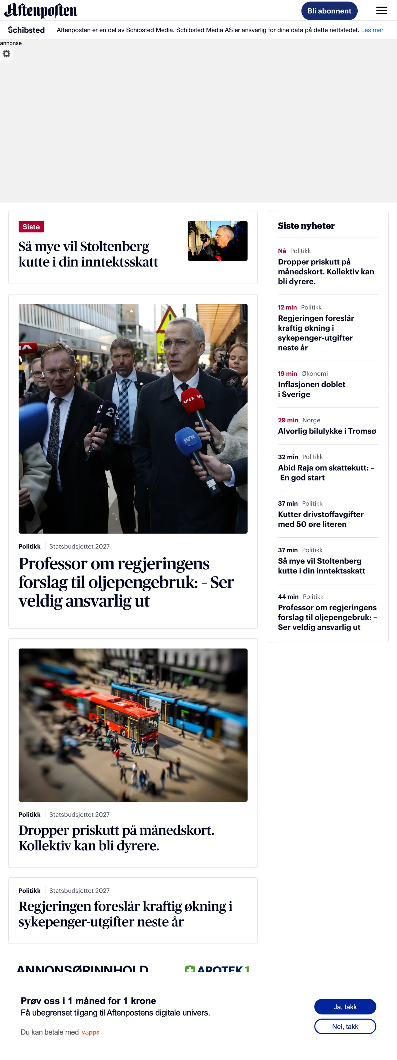 Screenshot of the Aftenposten front page