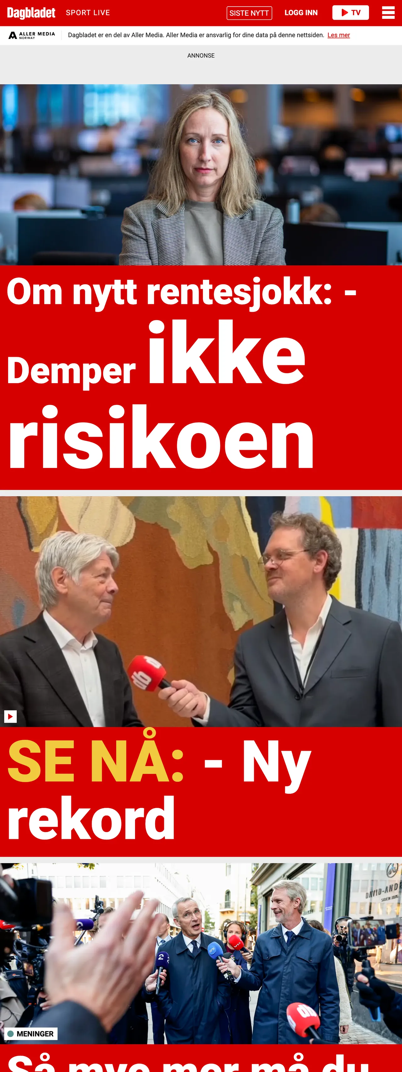 Screenshot of the Dagbladet front page