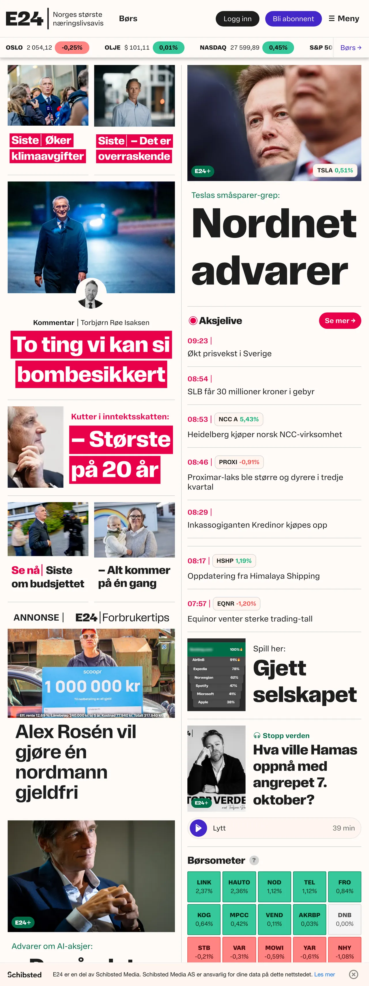Screenshot of the E24 front page