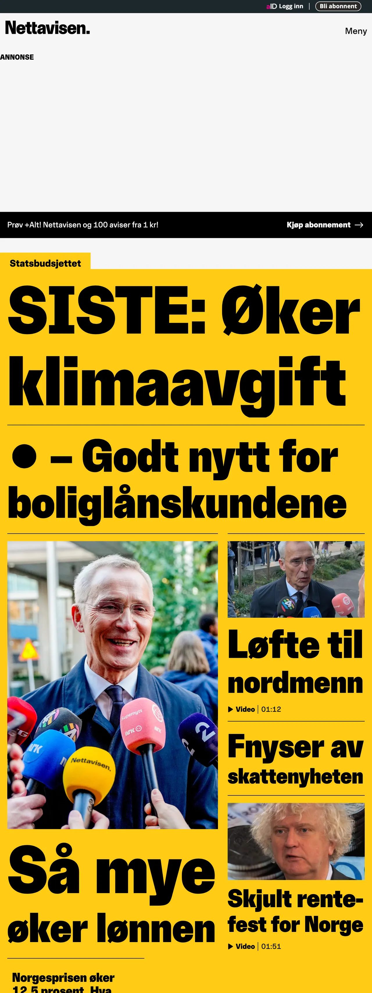 Screenshot of the Nettavisen front page