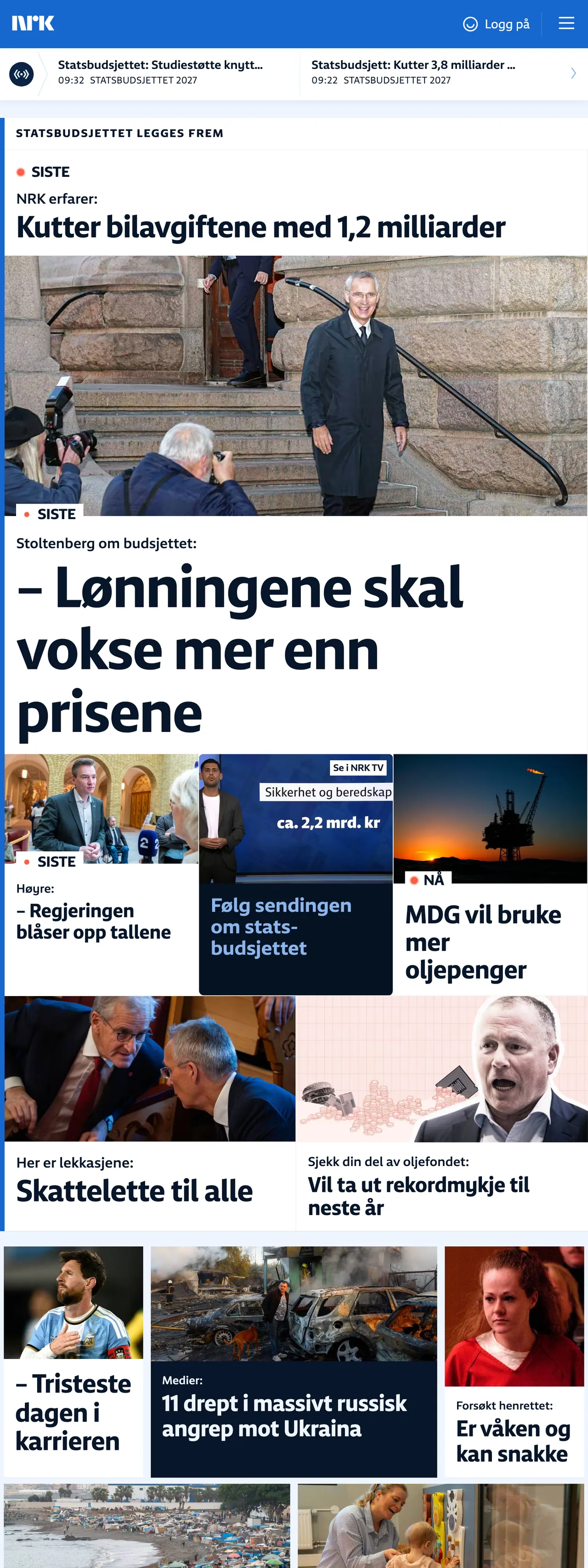 Screenshot of the NRK front page